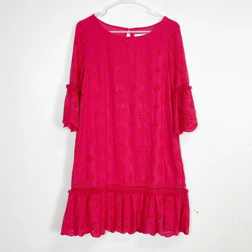 By Anthropologie Dress Womens 0 Coral Embroidered Beaded Shift Eyelet